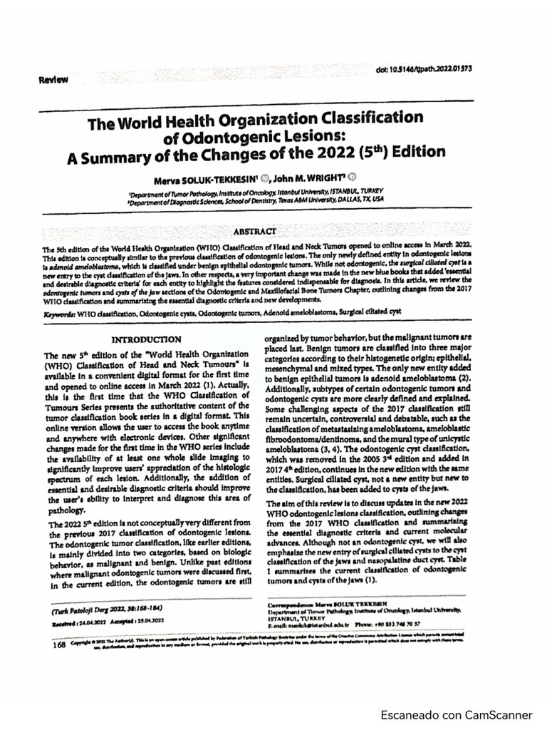 The World Health Organization Classification of Odontegenic Lessions | PDF
