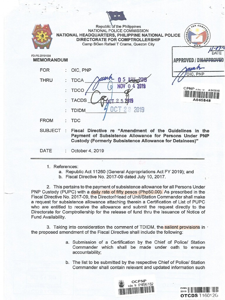 Pnp fiscal directive 2019 17 amendment of the guidelines in the