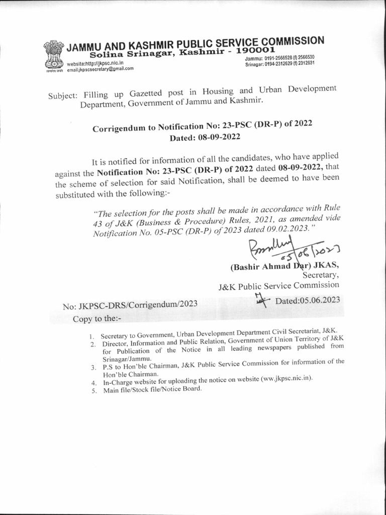 Corrigendum To Notification No 23 PSC of 2022 Housing and Urban ...