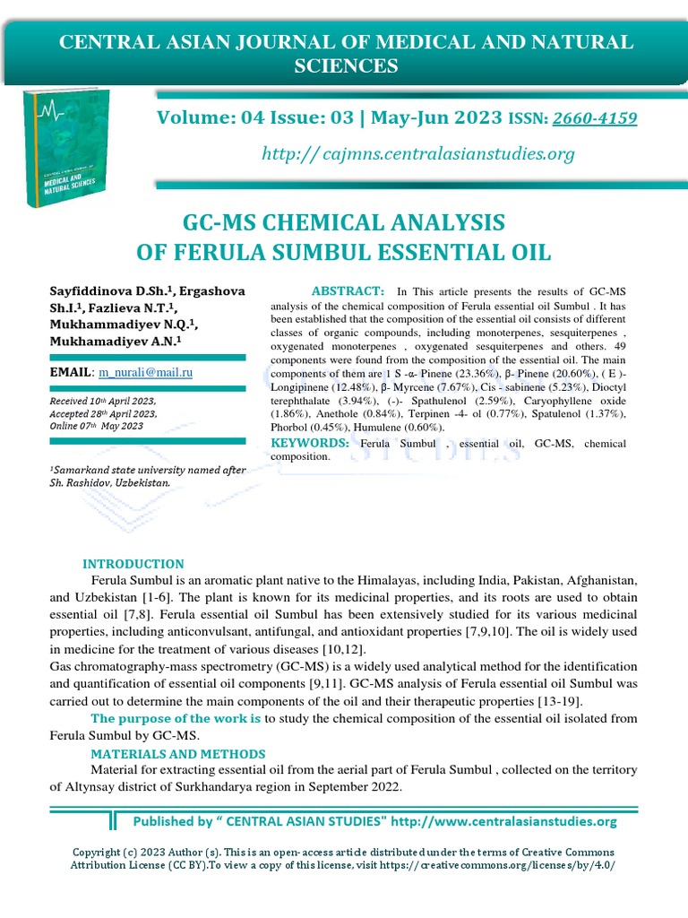 GC-MS Chemical Analysis of Ferula Sumbul Essential Oil | PDF ...