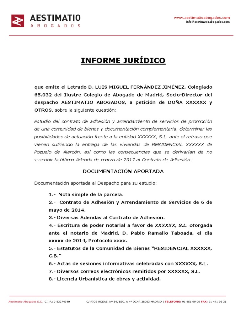 Informe Legal: Contrato de Adhesión y Arrendamiento | PDF | Propiedad ...