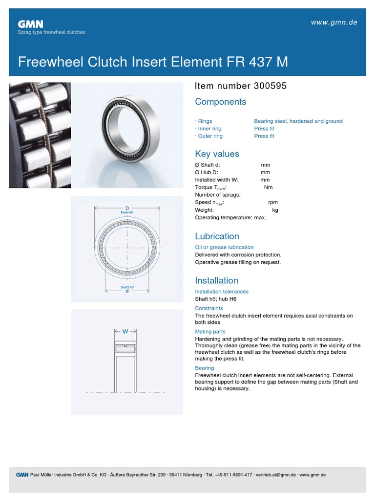 Freewheel Clutch Insert Element FR 437 M Item Number 300595 PDF