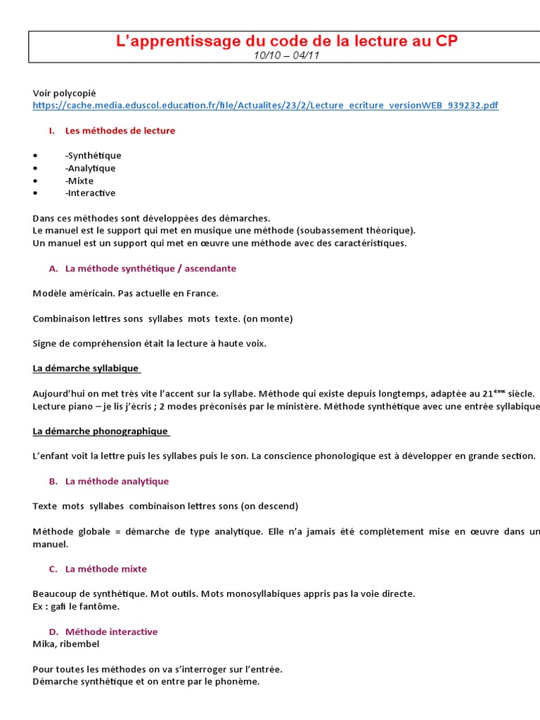 Méthodes d'apprentissage de la lecture CP | PDF | Méthode syllabique ...
