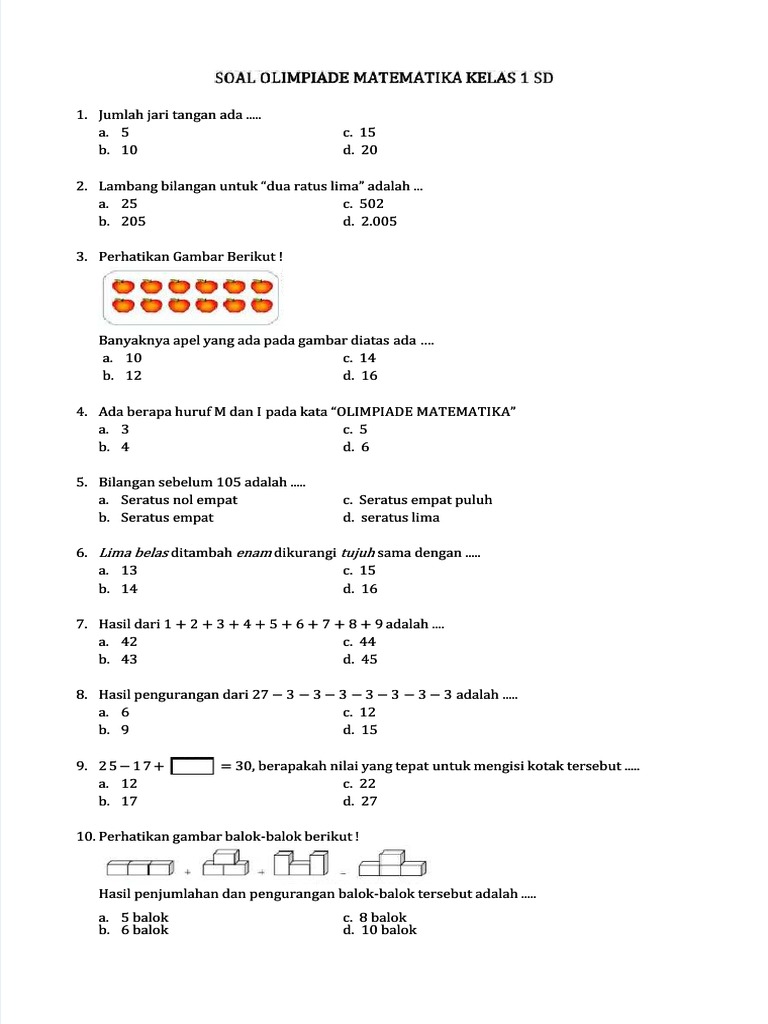 Pdf Soal Olimpiade Matematika Kelas 1 Sd Compress Pdf