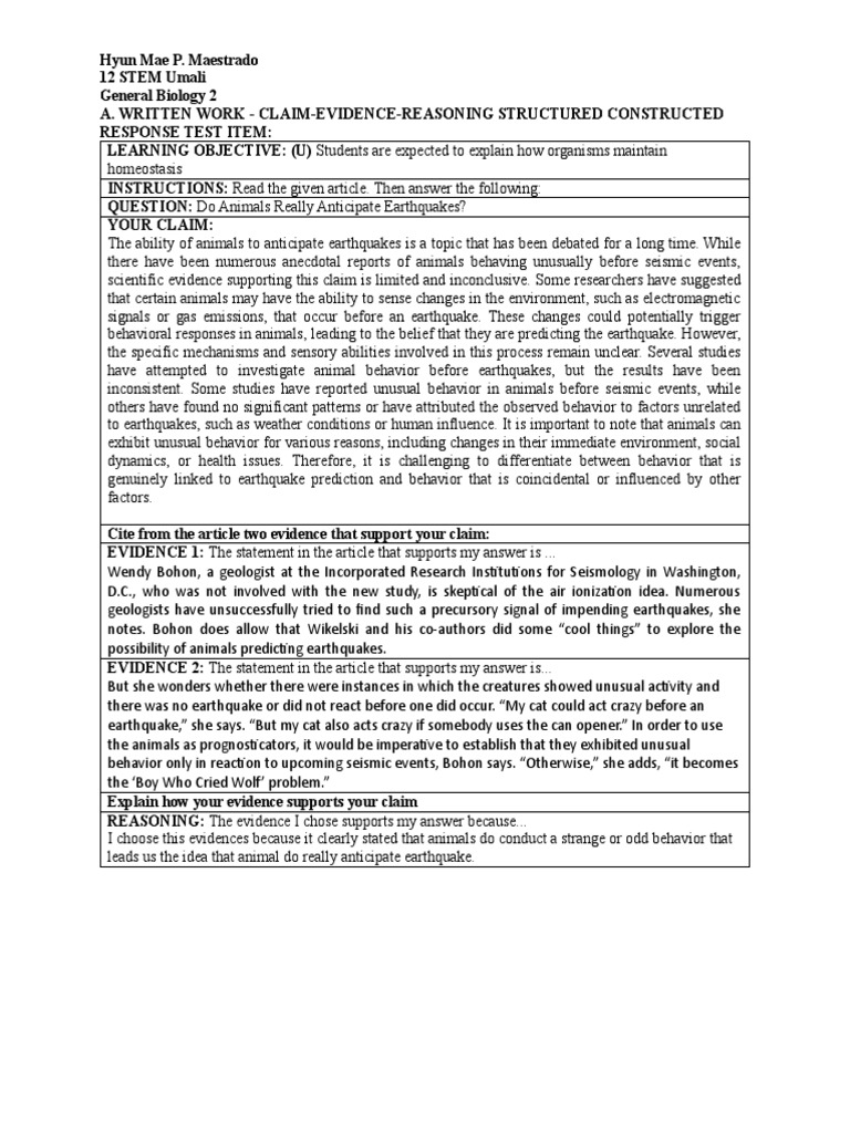 Claim Reason Evidence Reasoning Biology PDF