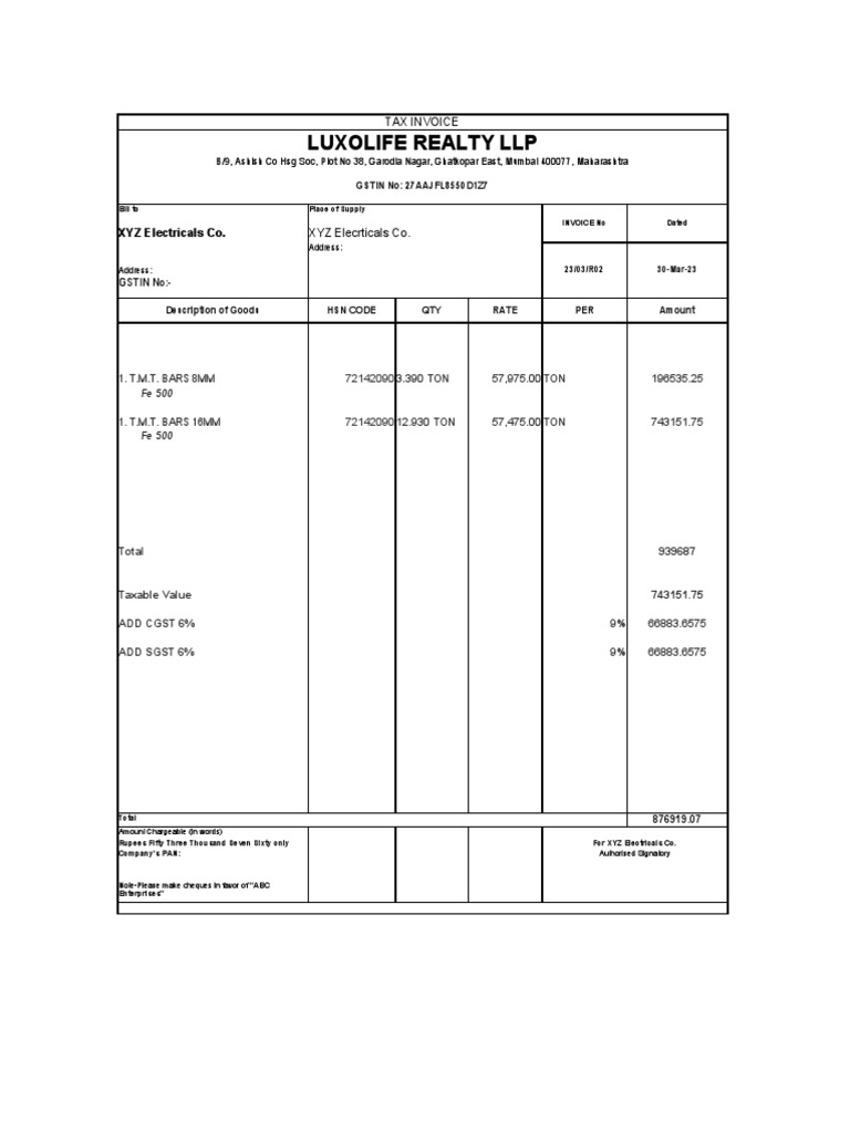 HSN Code 72142090 Tax Invoice | PDF