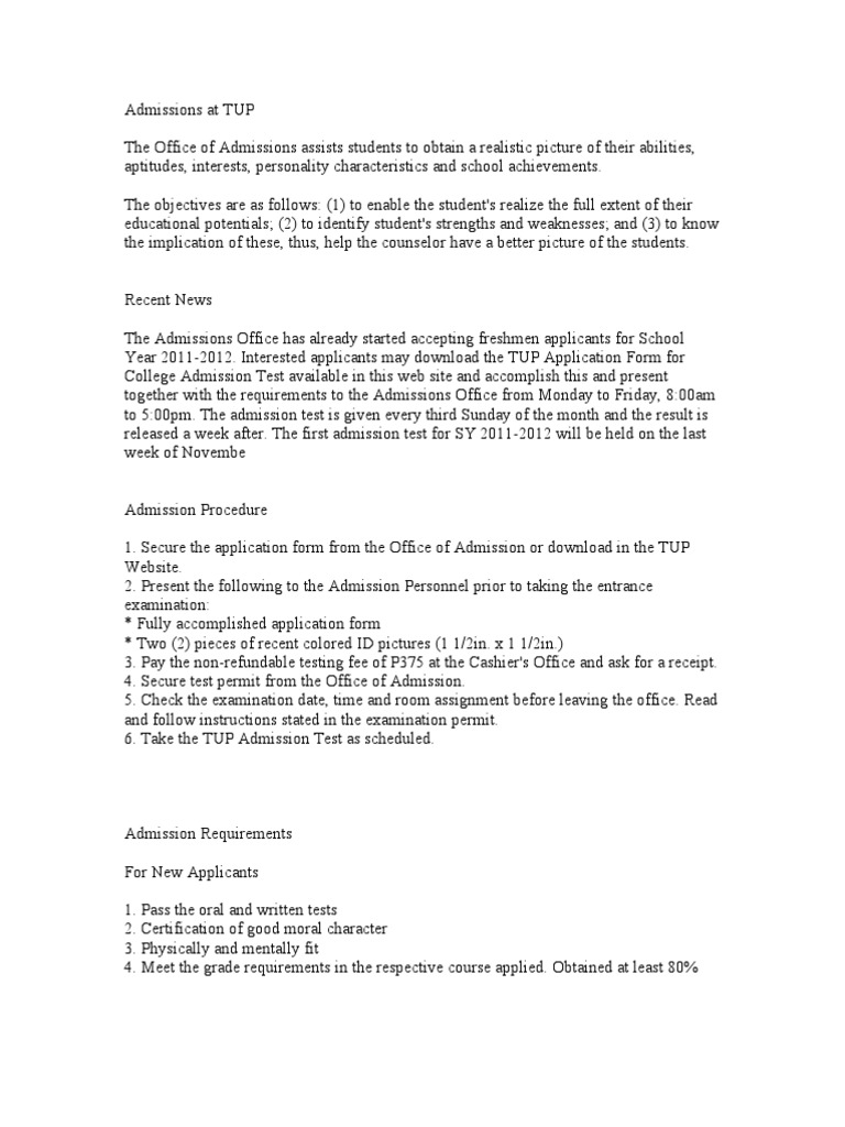 TUP Admission Process and Requirements | PDF | University And College ...