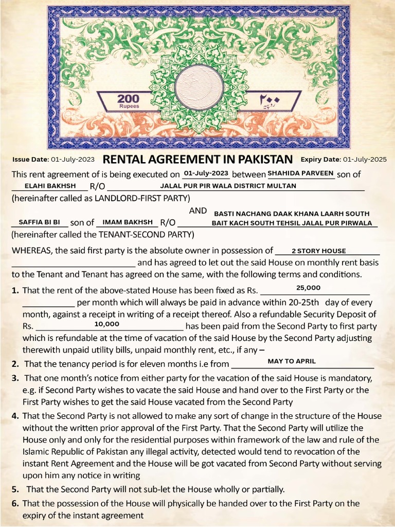 200 Rupees RENTAL AGREEMENT PAKISATAN | PDF