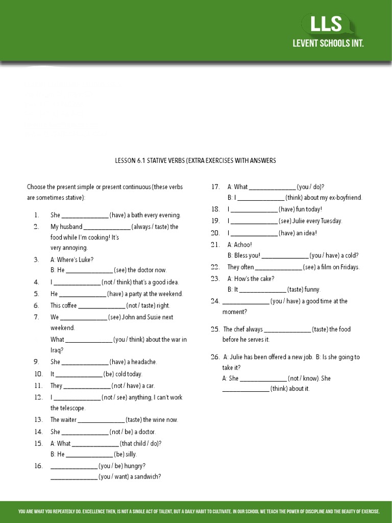 Lesson 6 1 Stative Verbs Extra Exercises | PDF | Linguistic Typology