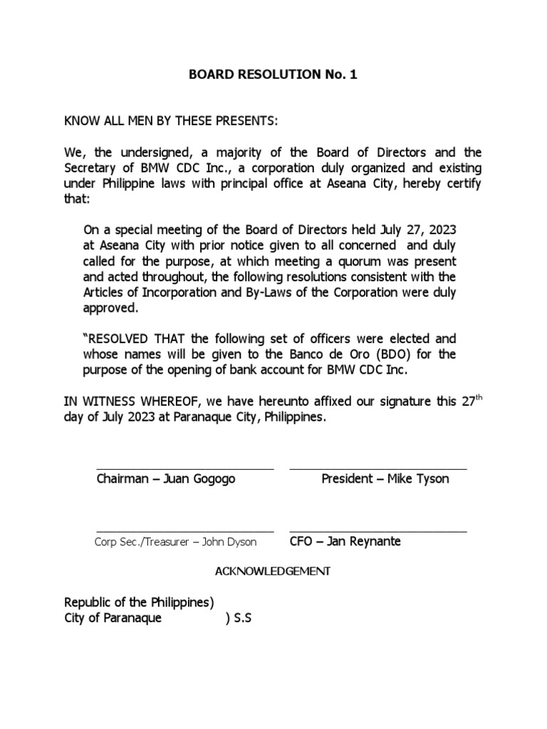 BOARD RESOLUTION No 1 PDF