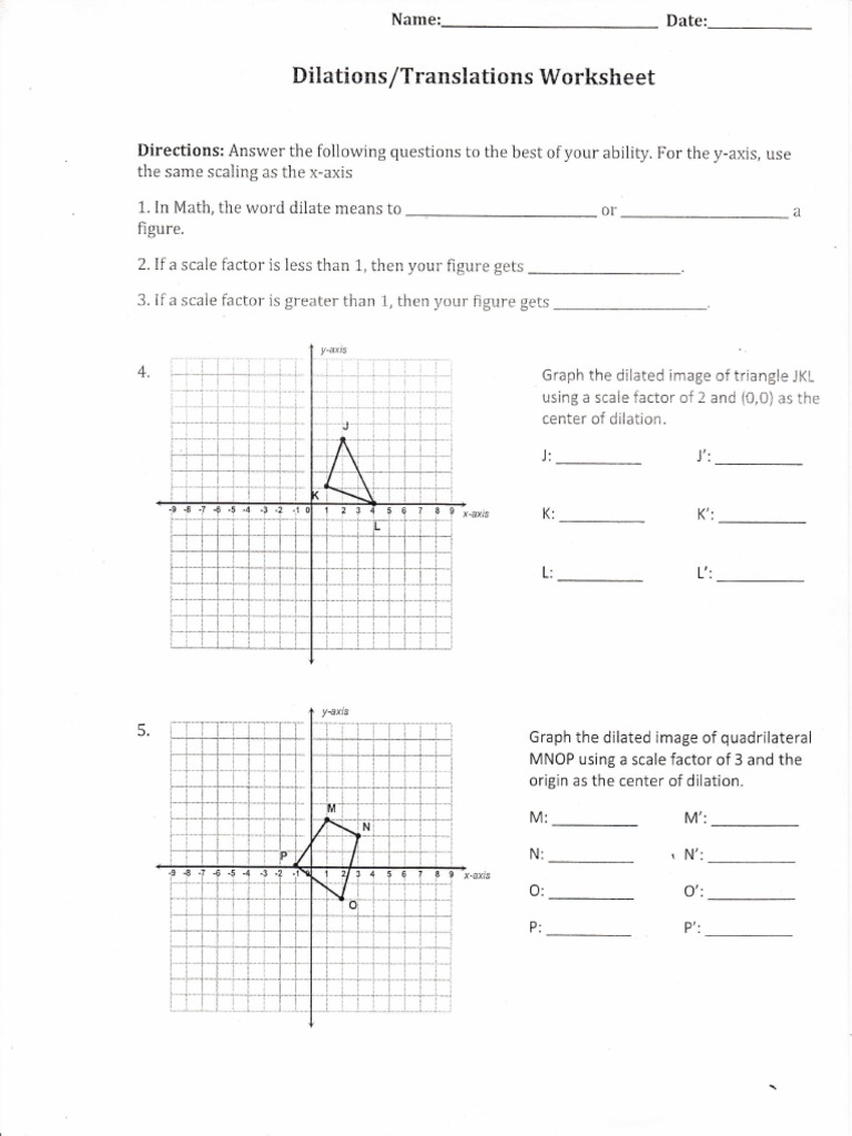 Dilations and Translations Worksheet PDF