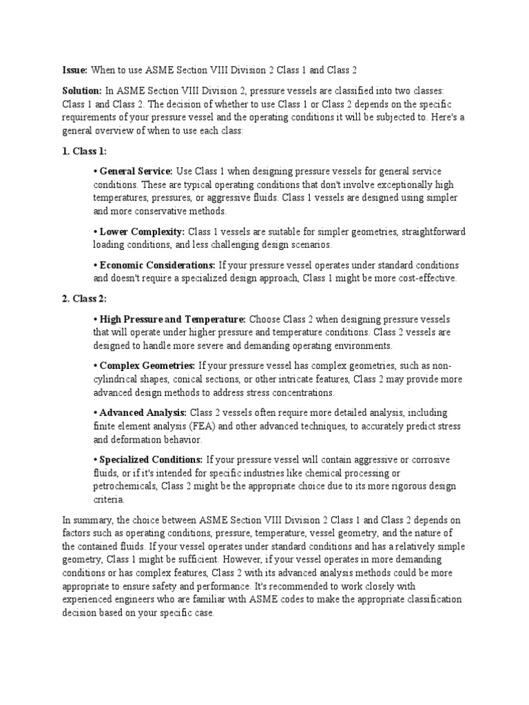 When to use asme section viii div 2 class 1 and class 2 pdf