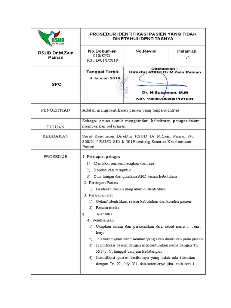 Prosedur Identifikasi Pasien Yang Tidak Diketahui Identitasnya 2019 Pdf