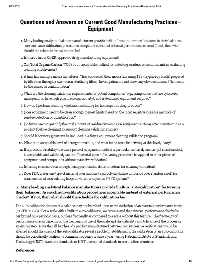 Questions and Answers On Current Good Manufacturing PracticesEquipment