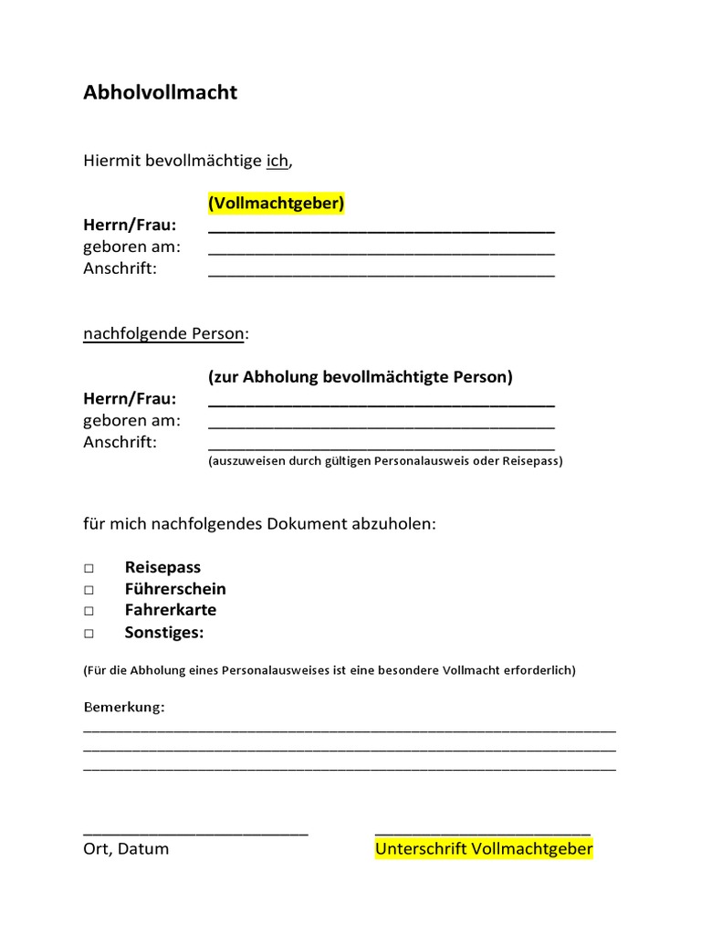 Vollmacht Zur Abholung Sonstiger Dokumente Reisepass Fuehrerschein Fahrerkarte Sonstiges | PDF