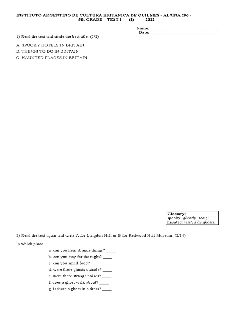 5th Grade - Test I - 1 | PDF