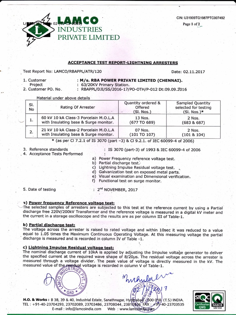 Chennai Lightning Arrester Test Report | PDF | Voltage | Electronics