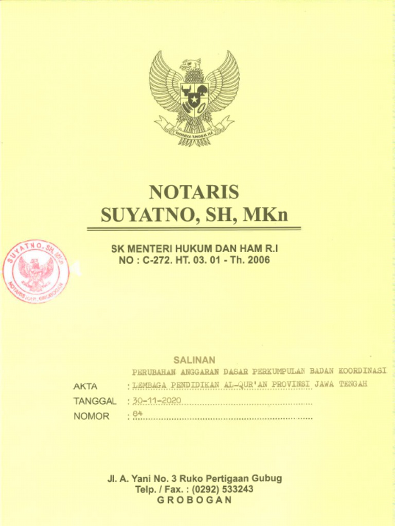 Salinan Akta Notaris Badko LPQJateng | PDF