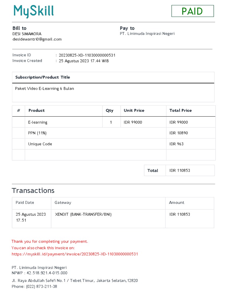 E-Learning Subscription Invoice Details | PDF
