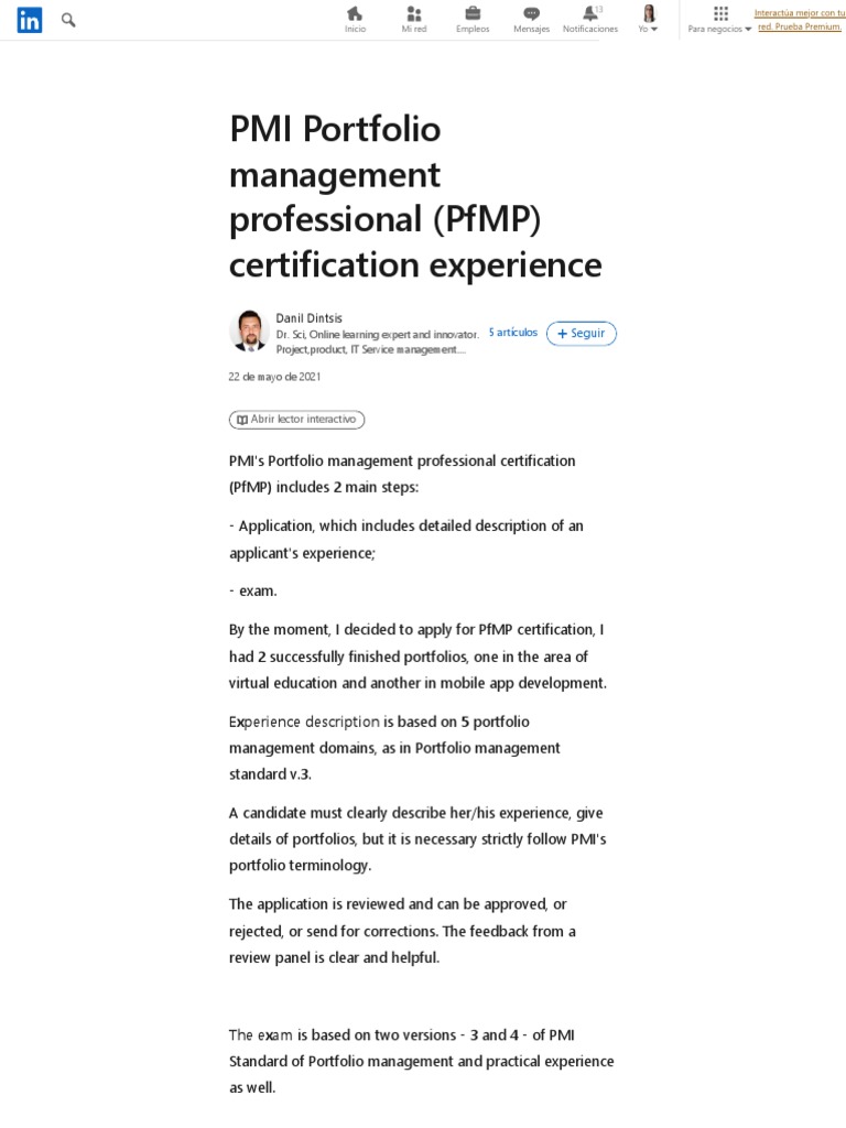 PMI Portfolio Management Professional (PFMP) Certification Experience ...