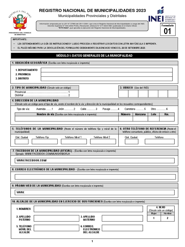 Formulario - 01 - RENAMU - 2023 - FINAL - BN 15-08 | PDF | Gobierno ...