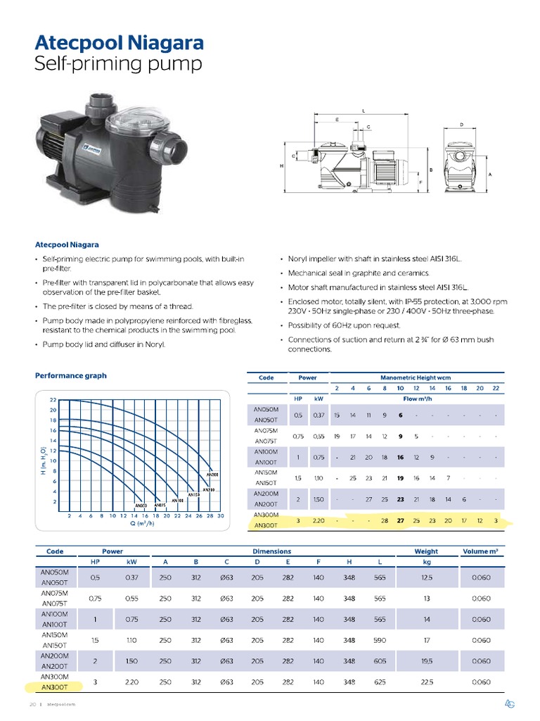 1000109-AN300T - Atecpool Niagara - 3.0 HP Self-Priming Pump, Three ...