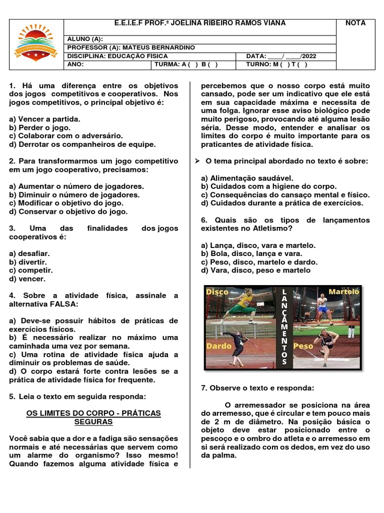 Prova Educação Fisica 8 e 9 Ano | PDF