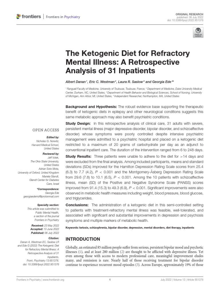 The Ketogenic Diet For Refractory Mental Illness A | PDF