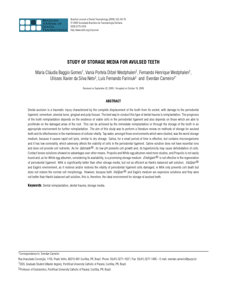 Storage Media For Avulsed Teeth PDF Human Tooth Periodontology