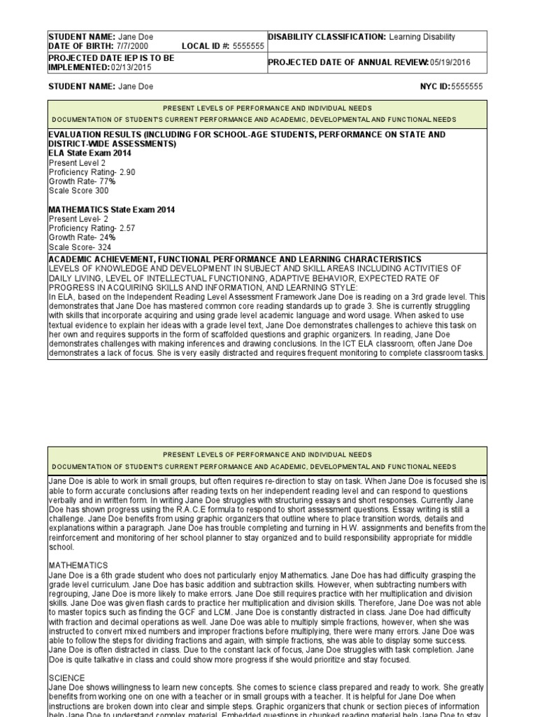 Jane Doe Sample IEP | PDF