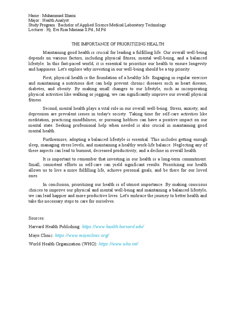 The Importance Of Prioritizing Health Pdf