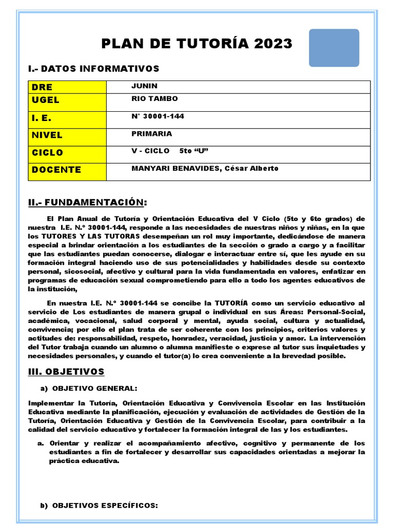 Plan de Tutoría 2023 para Primaria | PDF | Evaluación | Salón de clases