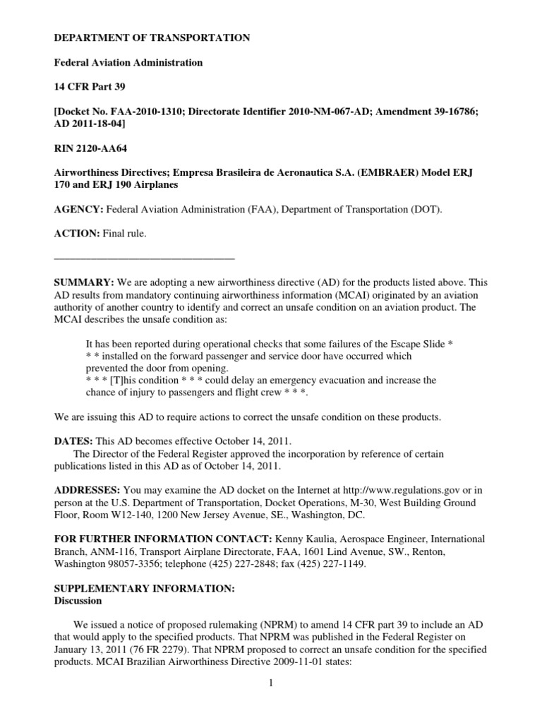 Airworthiness Directive for EMBRAER ERJ 170/190 | PDF