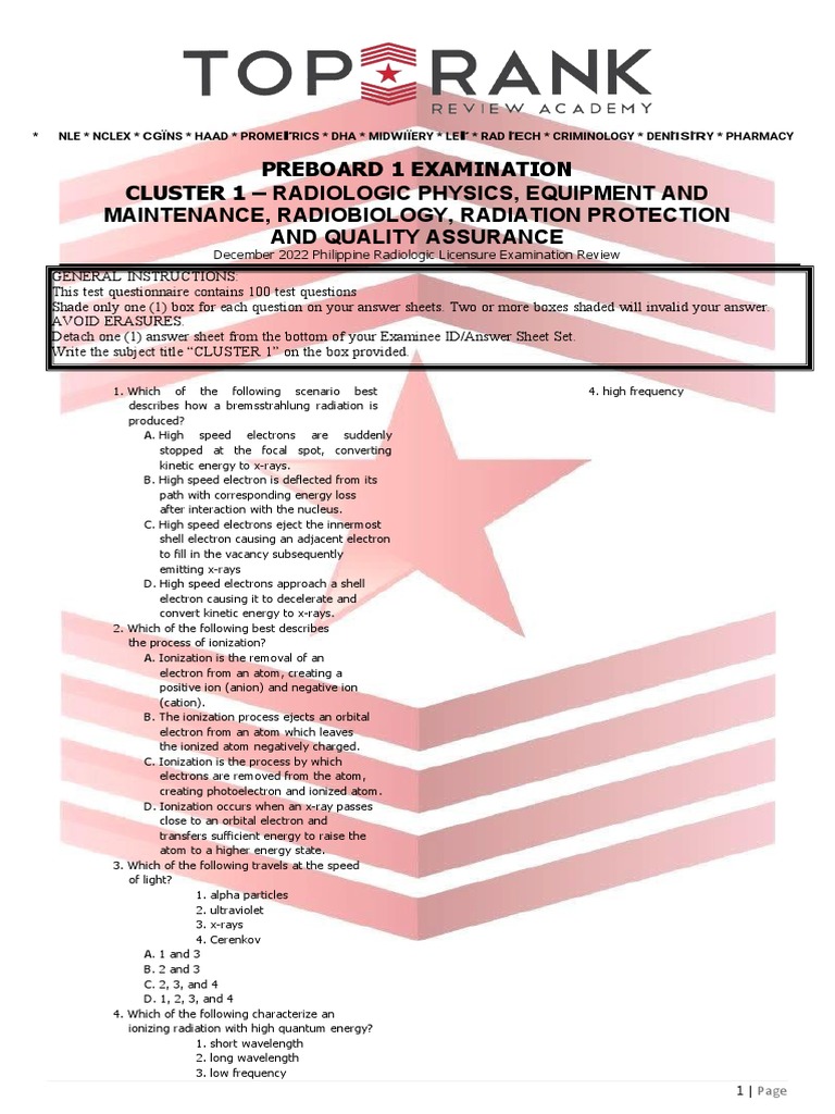 Preboard 1 Examination Cluster 1 Radiologic Physics, Equipment and