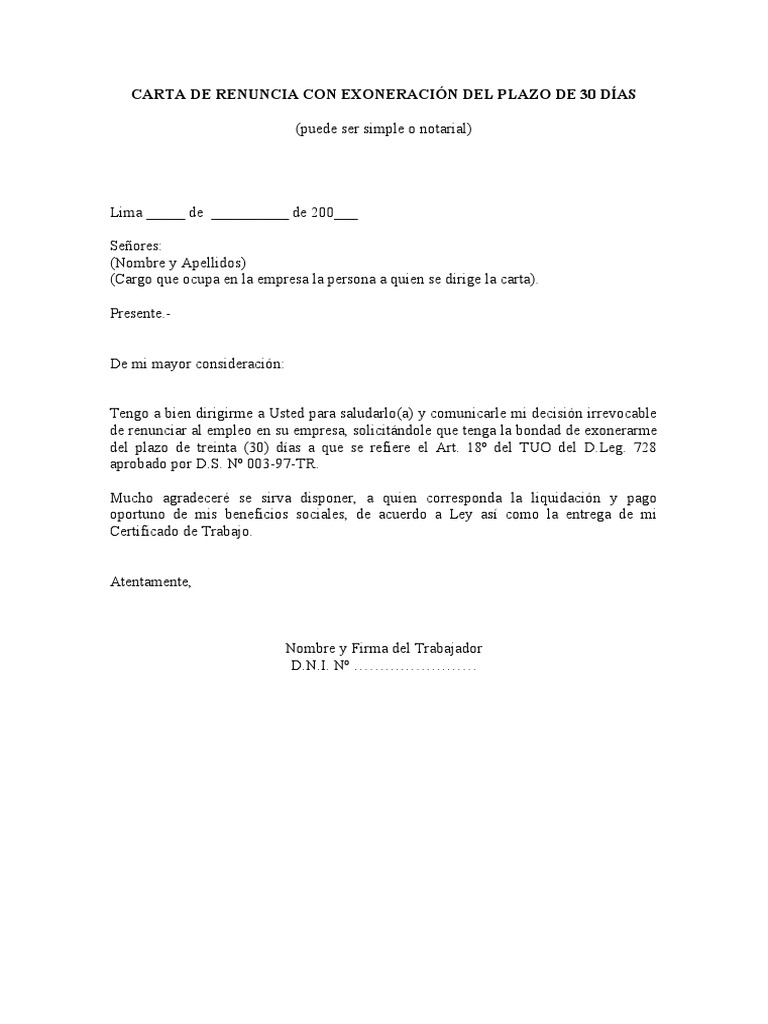 Carta de Renuncia Con Exoneración Del Plazo de 30 Días | PDF
