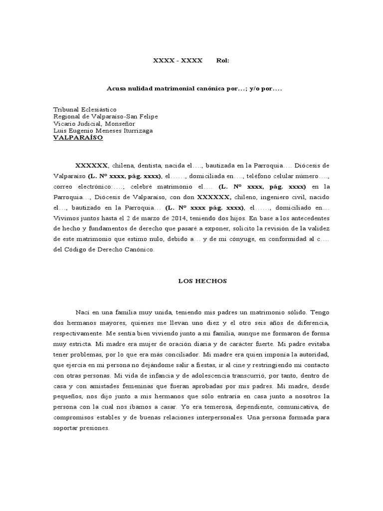 EJEMPLO DEMANDA CANÓNICA. Primera Parte | PDF | Anulación | eucaristía