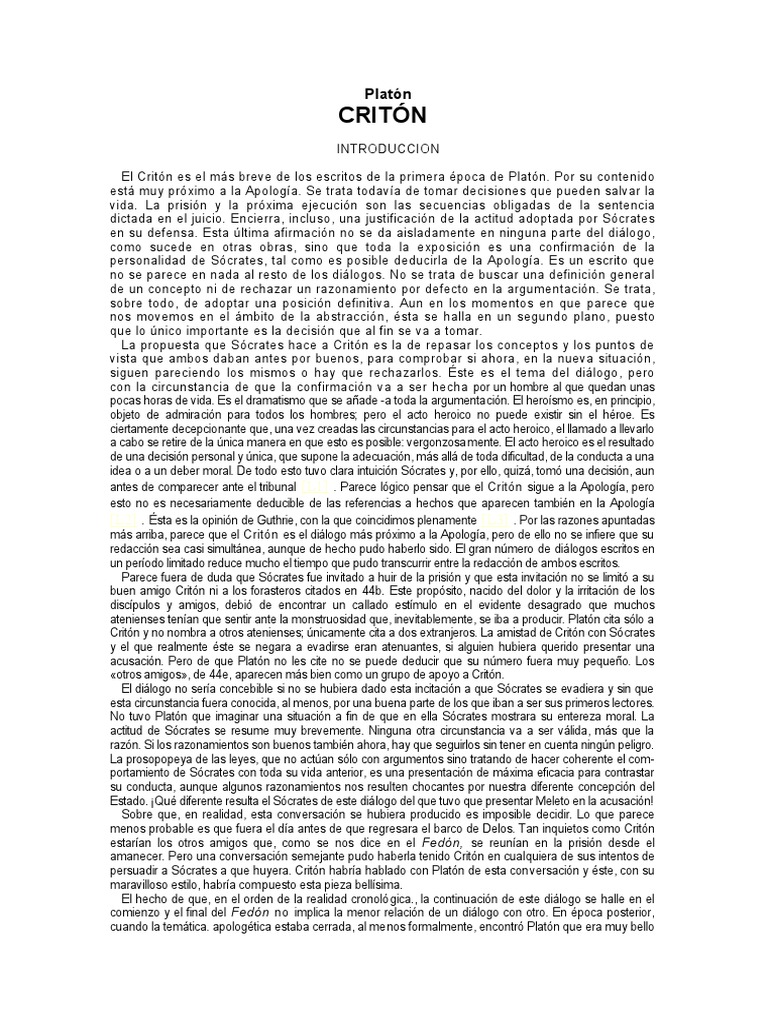 Diálogo de Sócrates y Critón sobre la muerte | PDF | Platón | Diálogos ...