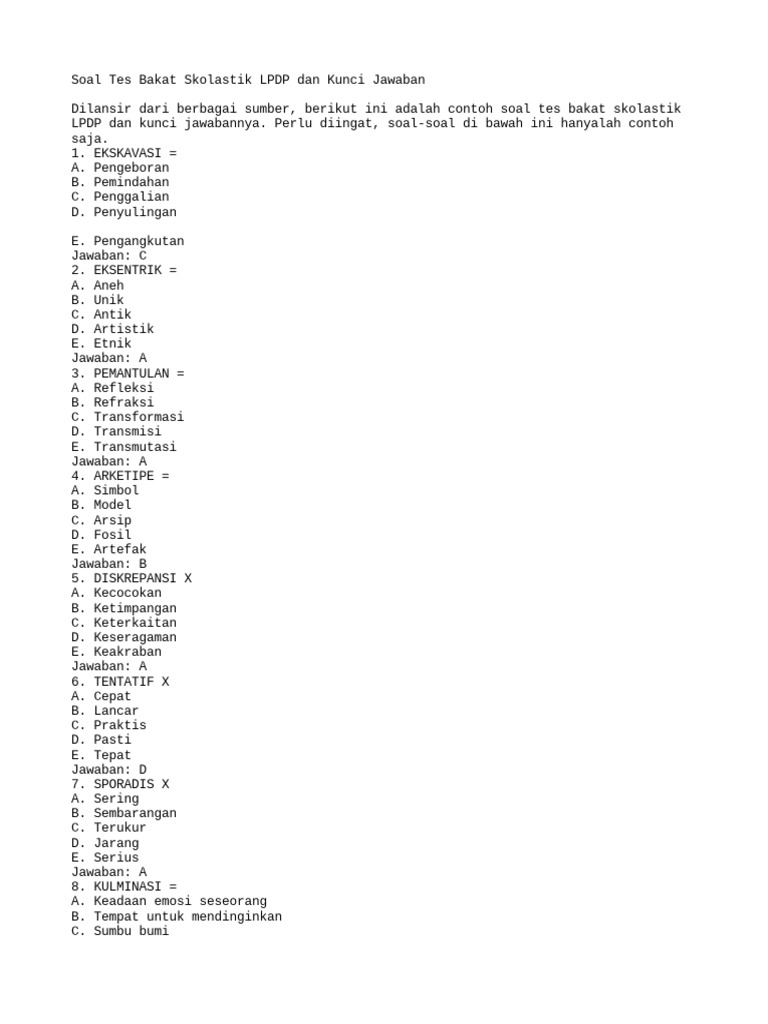 Soal Tes Bakat Skolastik Lpdp Dan Kunci Jawaban Pdf