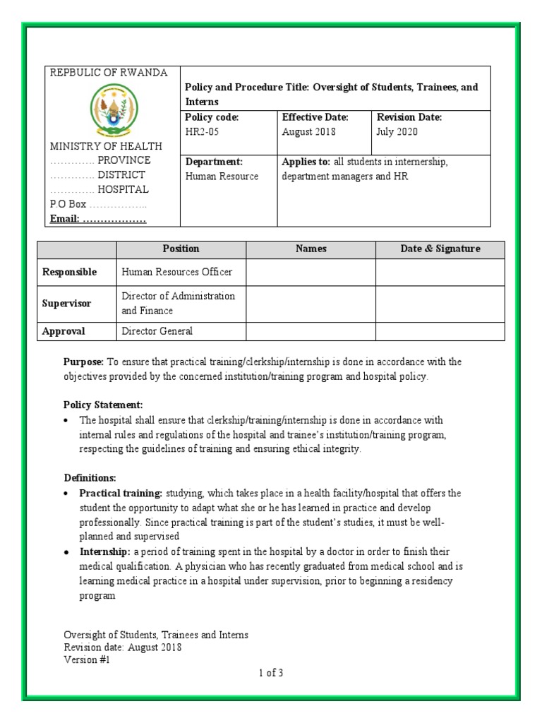 HR2-05 Oversight of Students Trainees and Interns | Download Free PDF ...