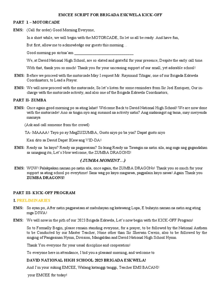 Emcee Script For Brigada Eskwela | PDF
