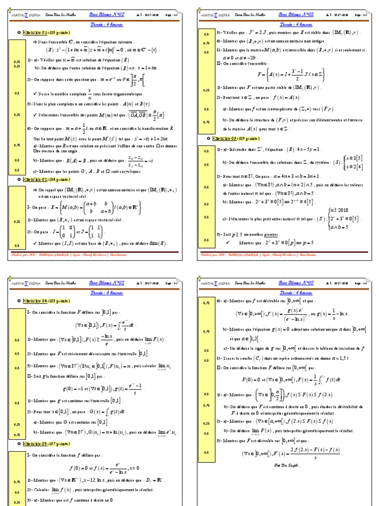 Bac Blanc Maths 2ème Sc 2017-2018 | PDF | Nombre complexe | Analyse ...