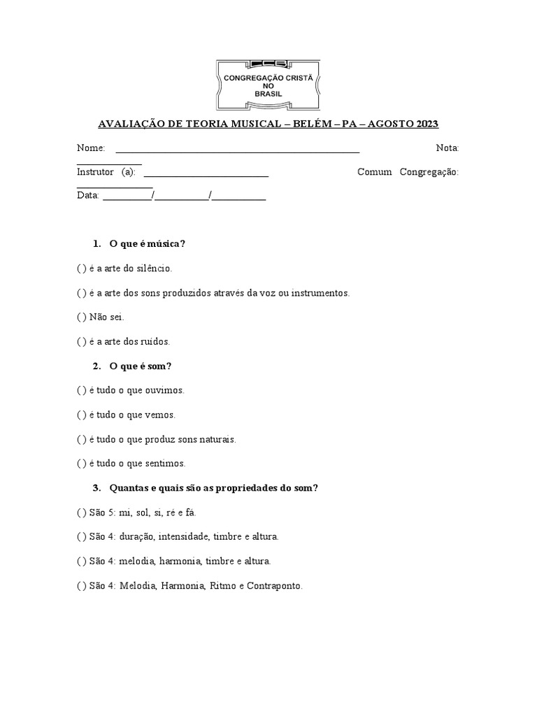 Avaliação de Teoria Musical 2023 | PDF | Intervalo (música ...