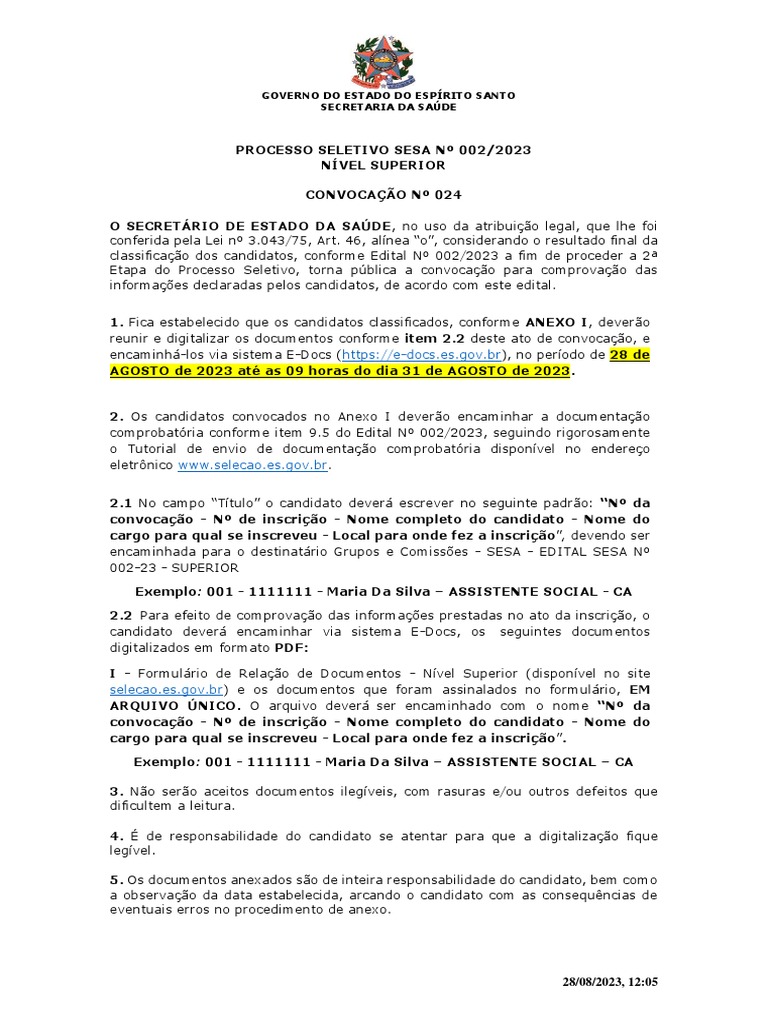 Edital de 24 de agosto de 2023: convocação de candidatos para o