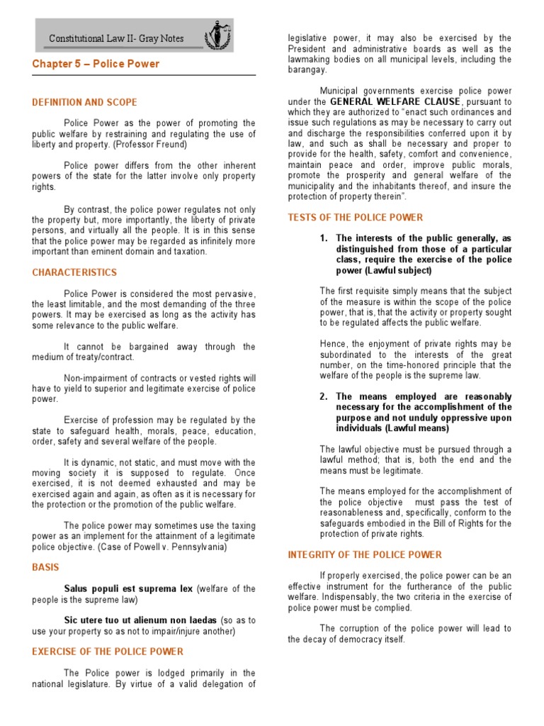 Constitutional Law Notes - Police Power | PDF | Police Power (United ...