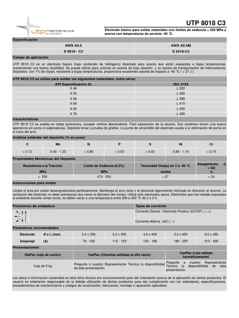 ELECTRODO UTP 8018 C3 | PDF | Soldadura | Construcción