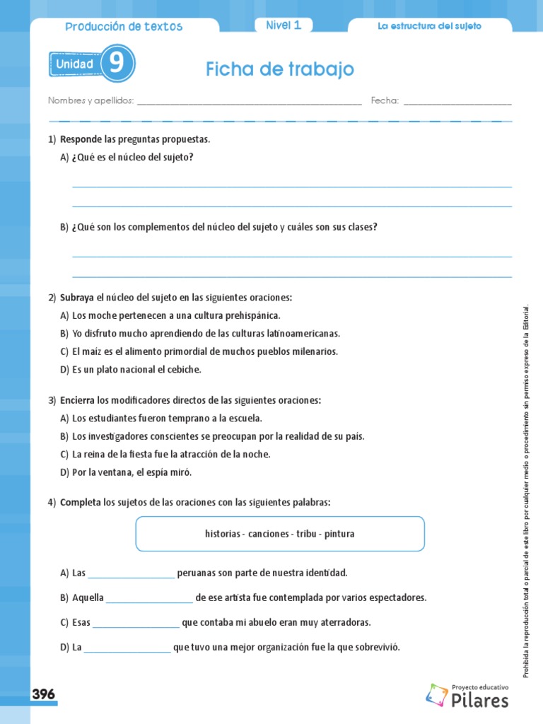 QUINTO GRADO UNIDAD 6 La Oración El Sujeto y Sus Modificadores