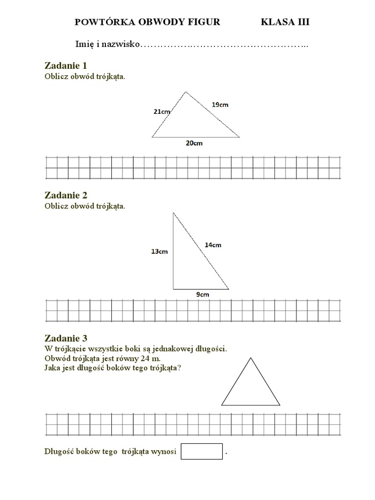Sprawdzian Klasa 3 Obliczanie Obwodów Klasa 3 Obwody Figur | PDF