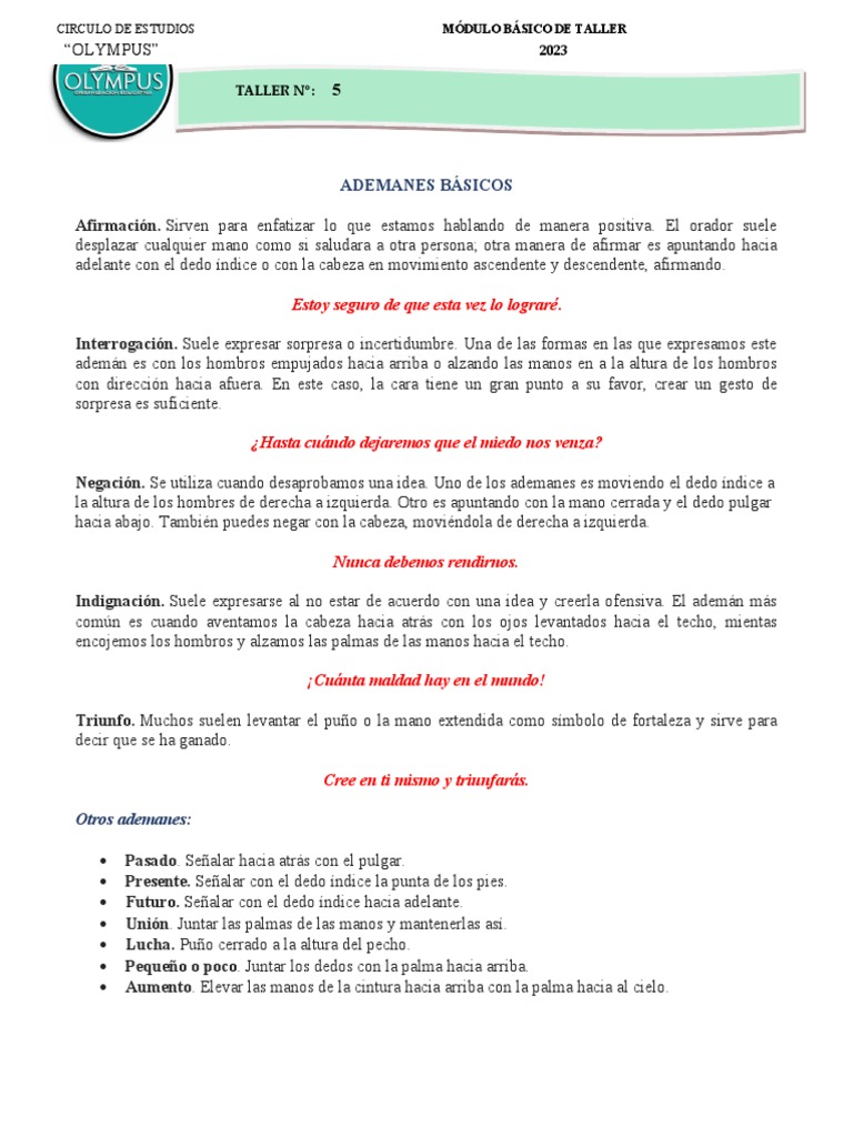 Taller 5 Técnica de Ademanes | PDF | Mano