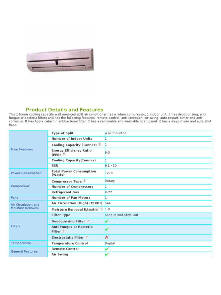 1 Tonne Wall-Mounted AC Specs | PDF | Technology & Engineering