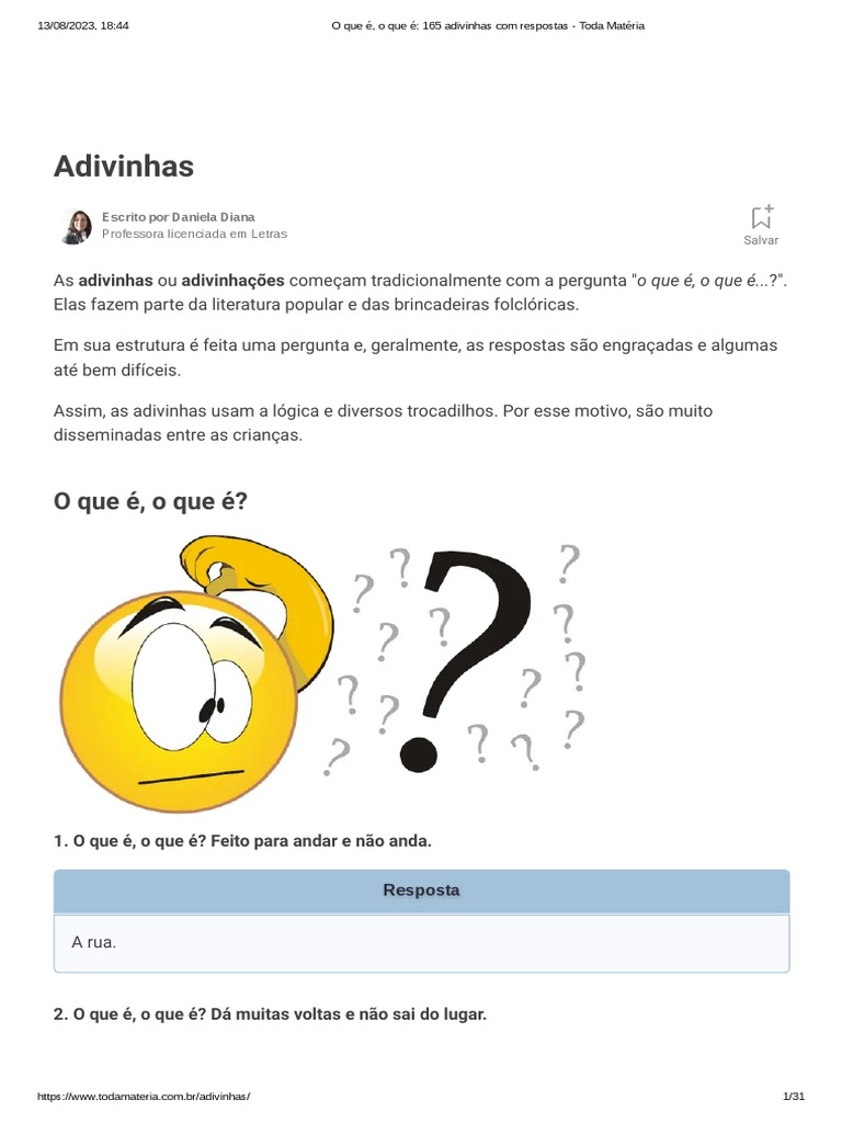 O Que é O Que é 165 Adivinhas Com Respostas Toda Matéria Pdf